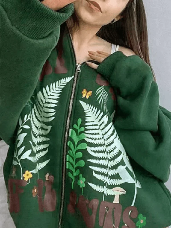 Botanical Print Green Zip-Up Hoodie Hoodie with Fur Luxurious Winter