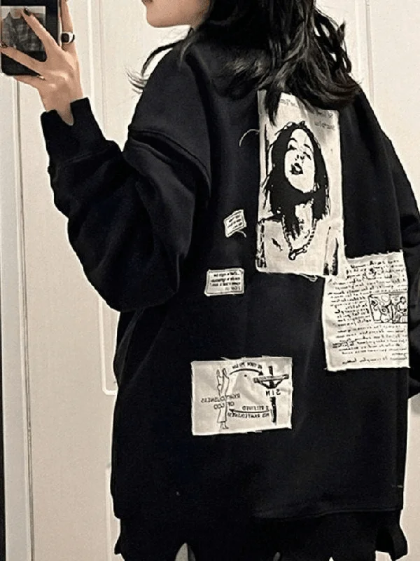 Back Patch Distressed Pullover Sweatshirt Hoodie with Zipper Versatile Modern