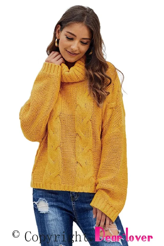 Mustard Cable Knit Sweater - Oversized Style Hooded Caped Shawl Collar