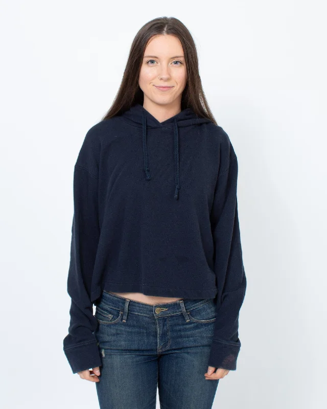 Navy Hooded Sweatshirt Hoodie with Button Placket Classic Preppy