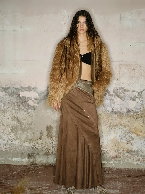 NORTH NODE Avant-Garde Shaggy Faux Fur Coat - Camel and Black Softshell Outdoor Jacket