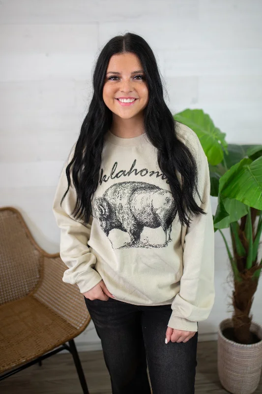 Oklahoma Buffalo Sweatshirt-Tan Oversized Hoodie Comfort Casual