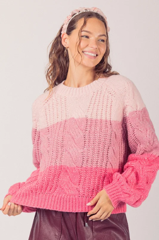 Pink Trio Cable Sweater Striped Floral Plaid
