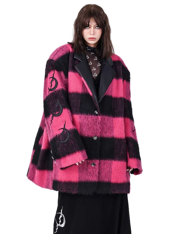 PINKSPINK Buffalo Check Oversized Coat - Hot Pink and Black Belted Midi-Length Coat