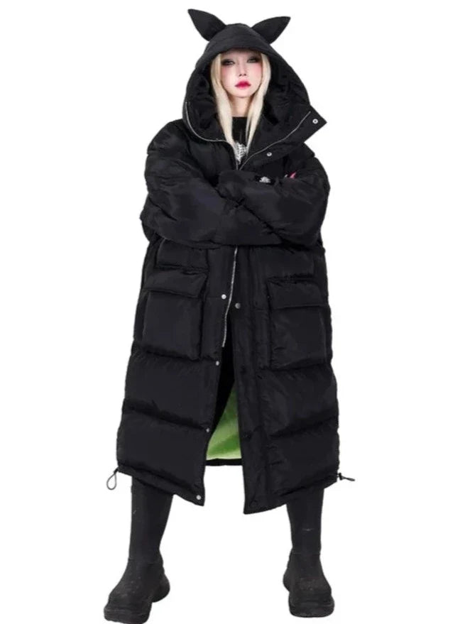 PINKSPINK Cat Ear Hooded Puffer Coat - Jet Black Plush Faux Fur Bolero