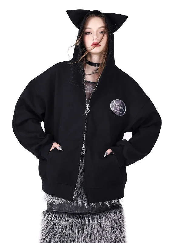 PINKSPINK Cat Ear Zip-Up Hoodie - Black Hoodie with Puffed Sleeves Voluminous Trendy PINKSPINK Cat Ear Zip-Up Hoodie - Black Hoodie with Puffed Sleeves Voluminous Trendy