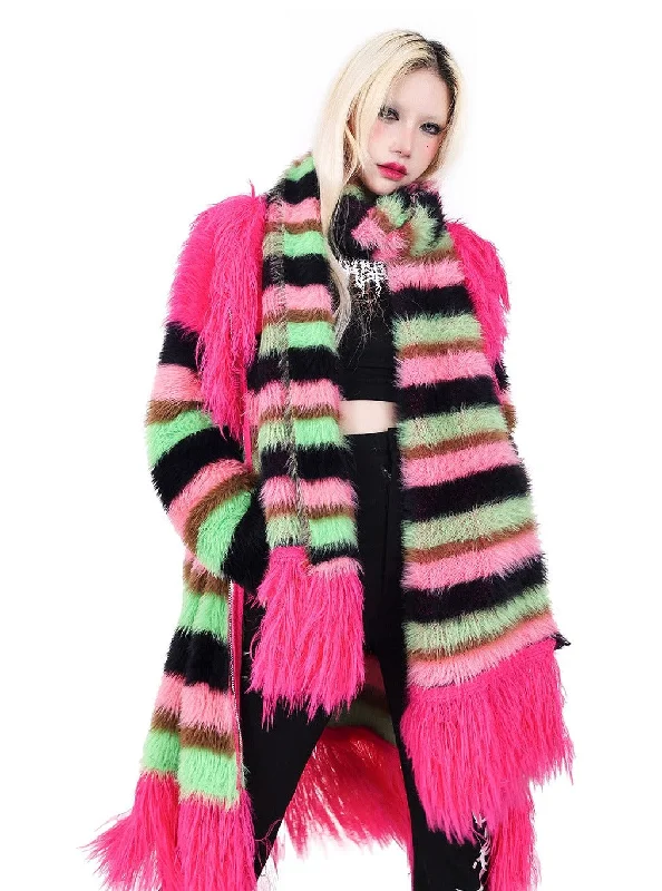 PINKSPINK Neon Striped Faux Fur Coat - Multi-color Padded Ski Jacket