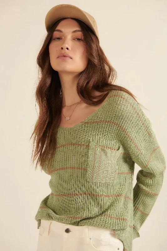 Striped Rib-knit Oversized Pocket Sweater Mesh Fabric Canvas Fabric Denim Fabric