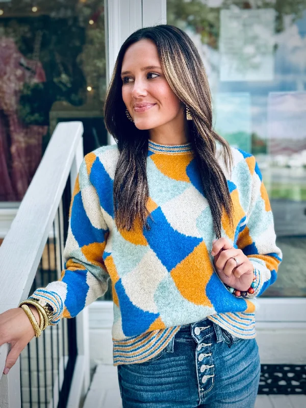Turquoise Multi -Block Color Sweater Chenille Blend Fleece Blend Nylon Blend