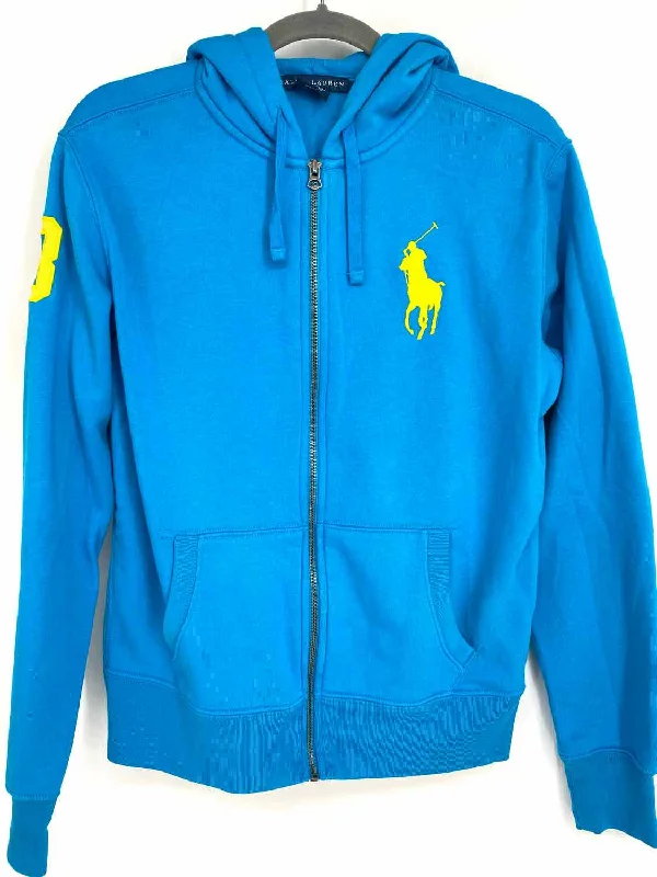 Ralph Lauren Women's Blue Zip Cotton Blend Logo Size L Hoodie Hoodie with Raglan Sleeves Sporty Comfortable Ralph Lauren Women's Blue Zip Cotton Blend Logo Size L Hoodie Hoodie with Raglan Sleeves Sporty Comfortable