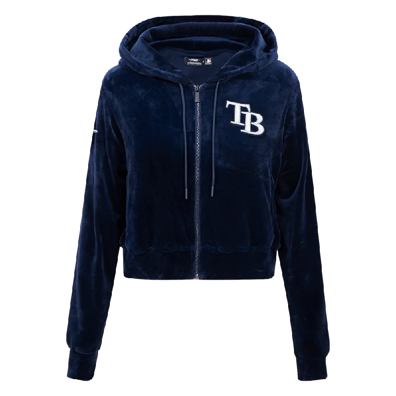 Rays Women's Pro Standard Navy Velour Zip Up Hoodie Hoodie with Hem Raw Edge Edgy Unfinished