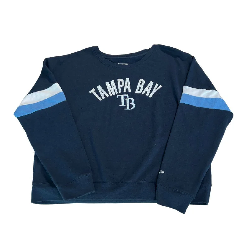 Rays Women's New Era Navy Tampa Bay Crewneck Sweatshirt Hoodie with Hem Fringe Bohemian Relaxed