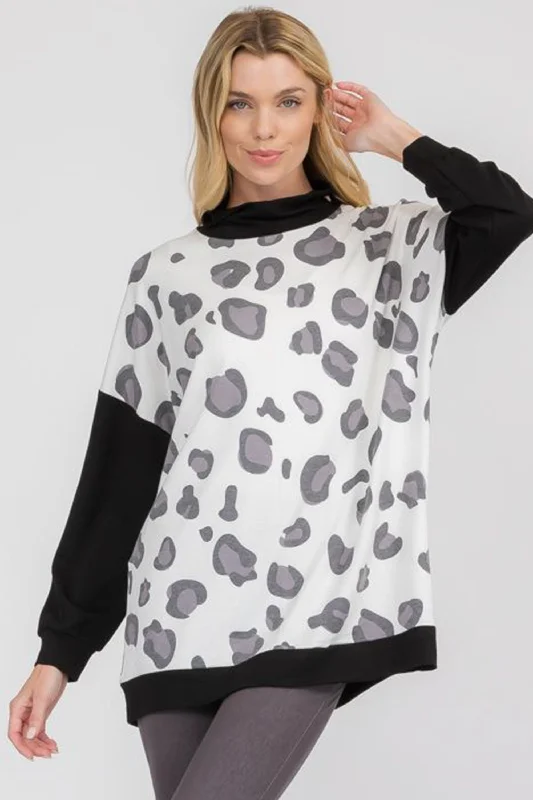 Scattered Leopard Print Mock Neck Sweater Front Pockets Side Pockets Patch Pockets