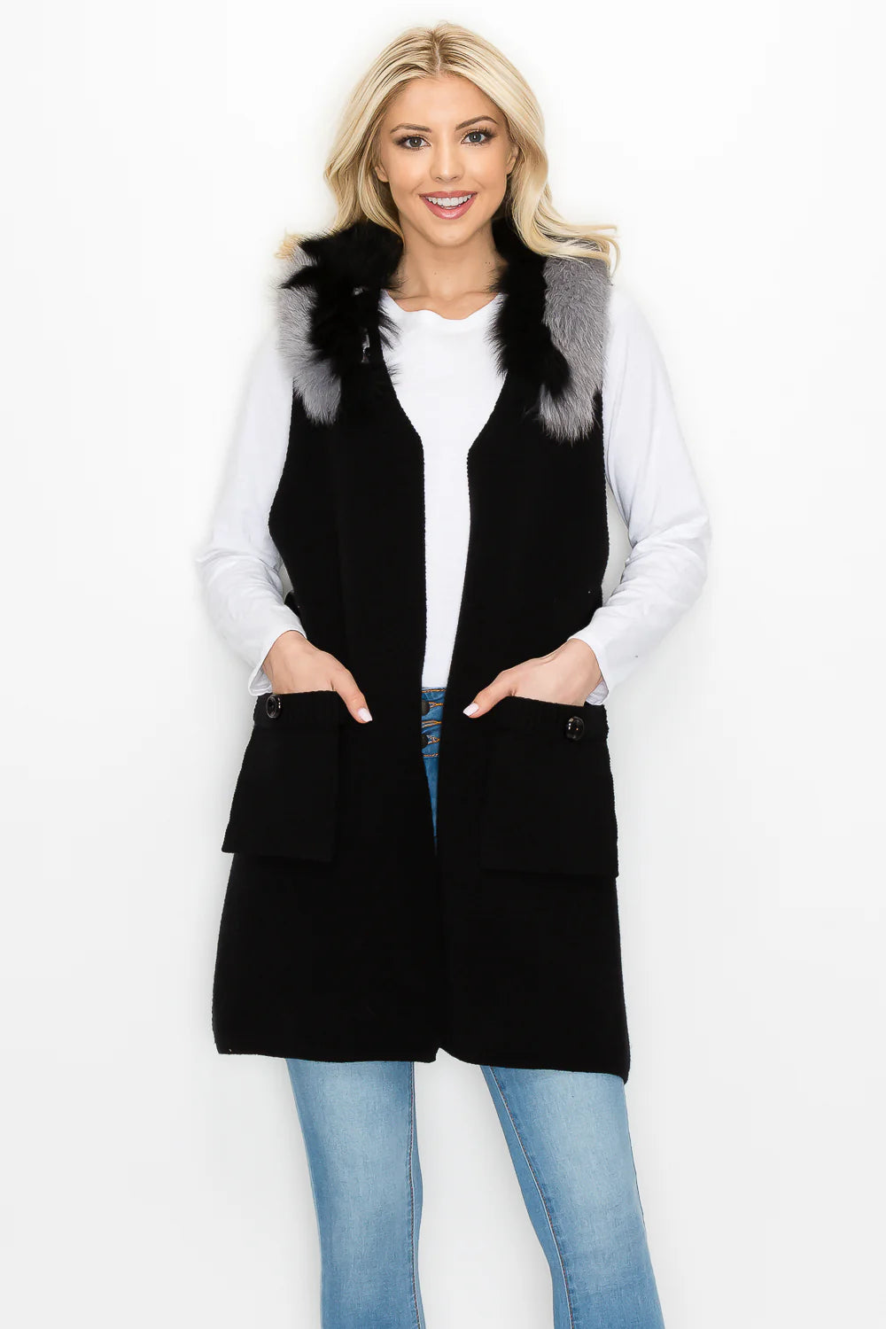 Selma Sweater Vest w/ Removable Fur Striped Floral Plaid
