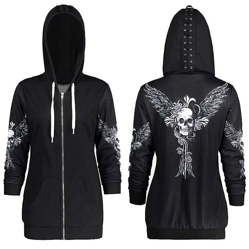 Skull and Wings Printed Hoodies for Women / Halloween Long Sleeve Zip-Up Sweatshirt Hoodie with Back Slit Movement Comfort