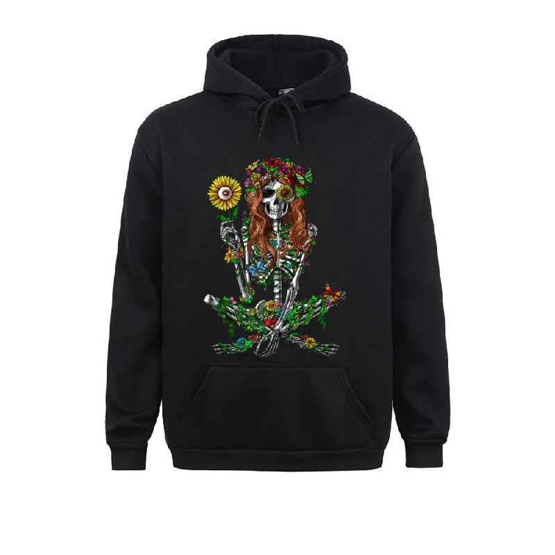 Stylish Floral Women's Skeleton Print Hoodies / Alternative Fashion Unisex Clothes Hoodie with Front Slit Layering Stylish