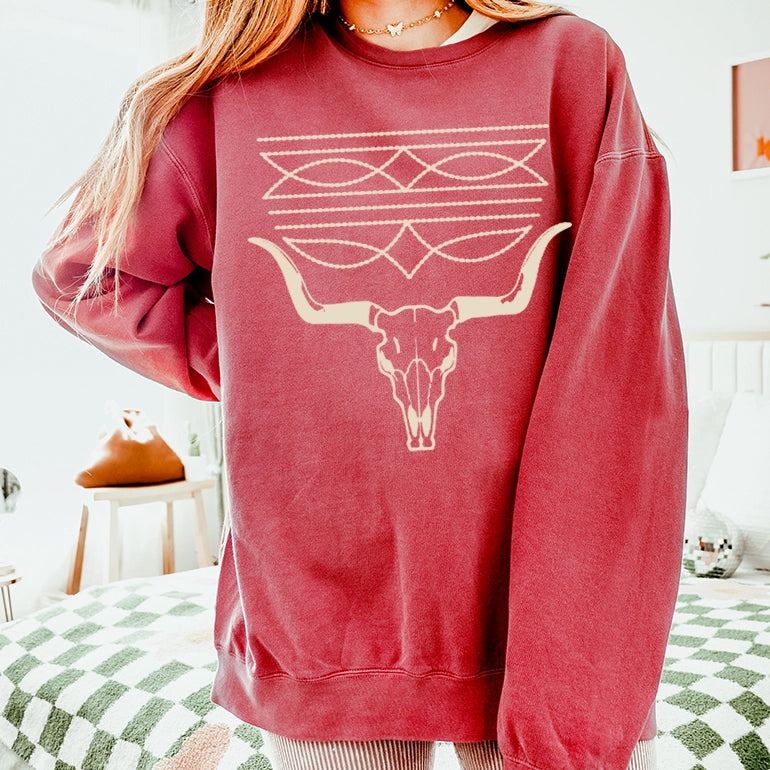 Lala Sista Western Stitch with Cowskull Graphic Sweatshirt Hoodie with Oversized Fit Loose Comfortable Lala Sista Western Stitch with Cowskull Graphic Sweatshirt Hoodie with Oversized Fit Loose Comfortable