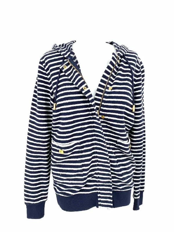 Tory Burch Women's Navy/White Zip Terry Stripe Size XS Hoodie Hoodie with V-Neck Classic Versatile Tory Burch Women's Navy/White Zip Terry Stripe Size XS Hoodie Hoodie with V-Neck Classic Versatile