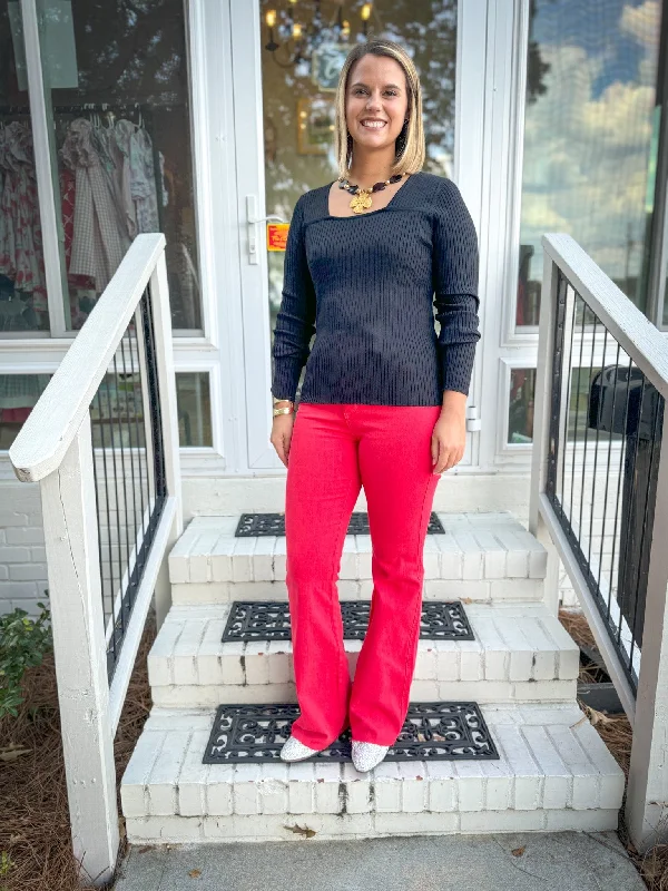 Square Neck Ribbed Sweater Satin Blend Silk Blend Wool Blend