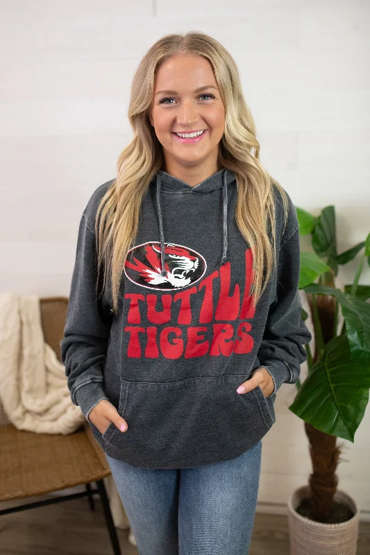 Tuttle Tigers Hoodie-Charcoal Hoodie with Hem Frayed Vintage Worn
