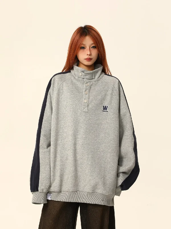 W California High-Neck Button Sweatshirt Coat Hoodie with Pastel Soft Subtle