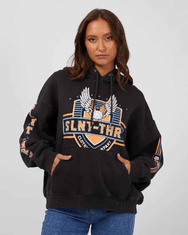 West Coast Hoodie Washed Black Hoodie with Batwing Sleeves Loose Dramatic