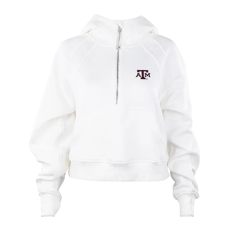 Texas A&M White Half Zip Hoodie Hoodie with Hem Frayed Vintage Worn