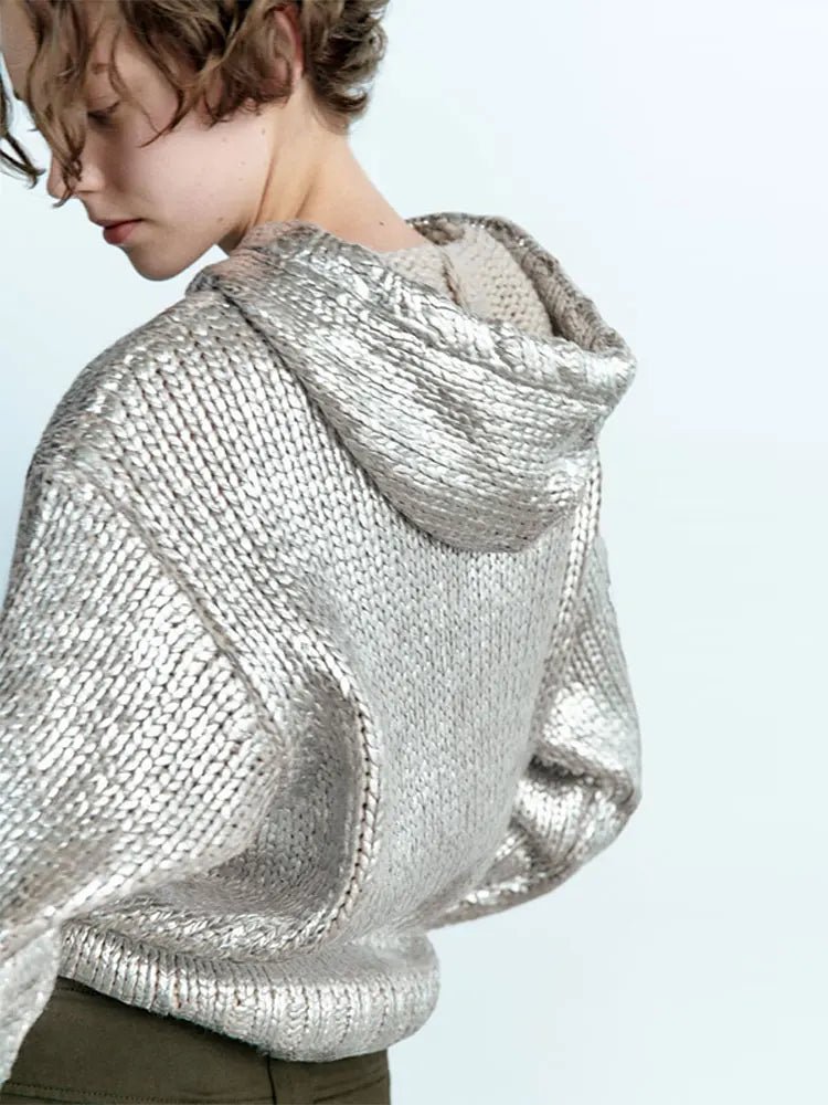 Women Chic Metallic Rib Trim Foil Hooded Sweater Casual Formal Business