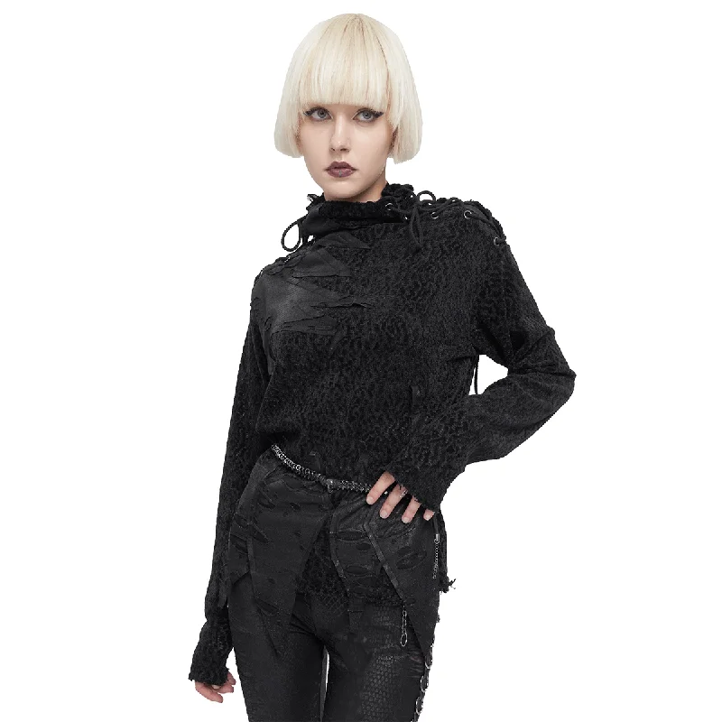 Women's Strappy Turtleneck Ripped Sweatshirt in Gothic Style / Alternative Fashion Clothing Hoodie with Raw Hem Edgy Unfinished Women's Strappy Turtleneck Ripped Sweatshirt in Gothic Style / Alternative Fashion Clothing Hoodie with Raw Hem Edgy Unfinished