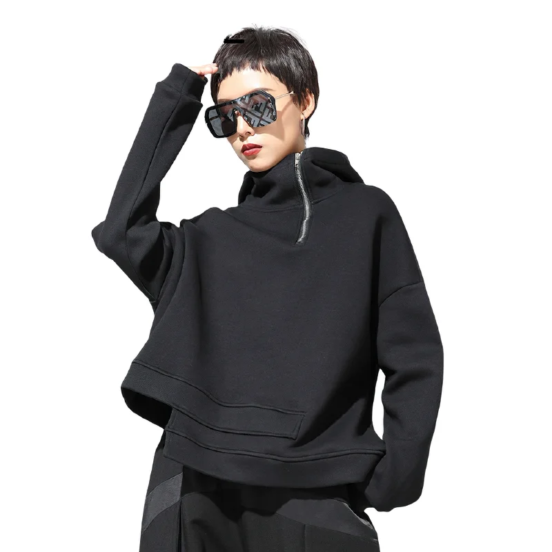 Women's Double Layer Solid Loose Drawstring Sweatshirt / Alternative Long Sleeve Hooded Top Hoodie with Zipper Placket Modern Functional Women's Double Layer Solid Loose Drawstring Sweatshirt / Alternative Long Sleeve Hooded Top Hoodie with Zipper Placket Modern Functional