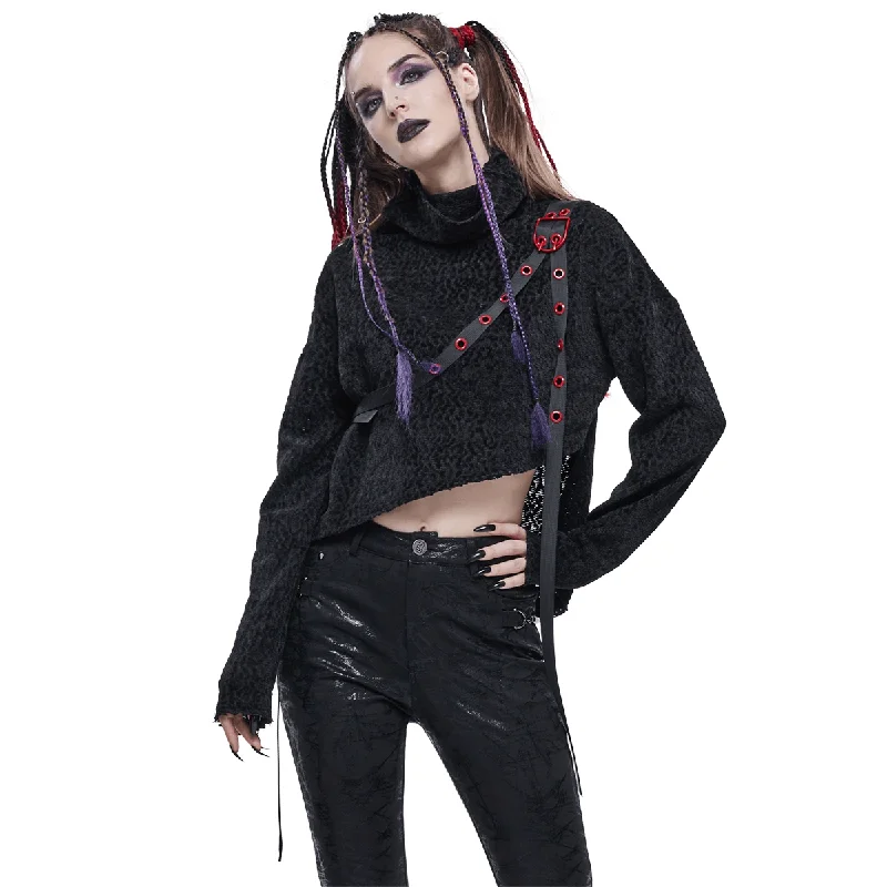 Women's Gothic Punk High Stand-Up Collar Short Sweater / Stylish Black Sweater With Belt & Buckle Anti-Pilling Anti-Shrink Durable Women's Gothic Punk High Stand-Up Collar Short Sweater / Stylish Black Sweater With Belt & Buckle Anti-Pilling Anti-Shrink Durable