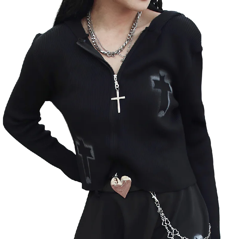 Women's Gothic Style Sweater / Female Black Zipper Sweater / Short Women's Sweater With Cross Soft Cozy Warm Women's Gothic Style Sweater / Female Black Zipper Sweater / Short Women's Sweater With Cross Soft Cozy Warm