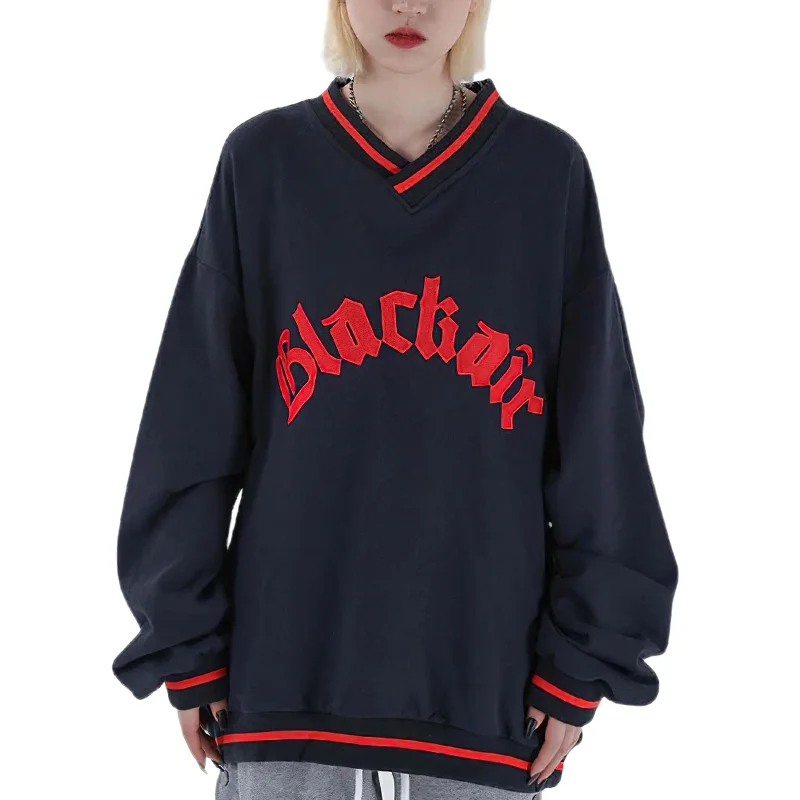 Women's V-Neck Letter Patch Baseball Sweatshirt / Casual Female Loose Pullover Hoodie with Raglan Sleeves Sporty Comfortable Women's V-Neck Letter Patch Baseball Sweatshirt / Casual Female Loose Pullover Hoodie with Raglan Sleeves Sporty Comfortable