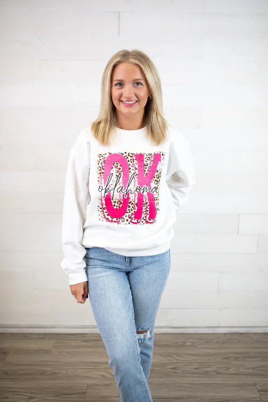 XO, Hannah Pink Leopard OK Sweatshirt-White Hoodie with Back Slit Movement Comfort