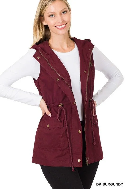 ZENANA | Drawstring Waist Military Hoodie Vest Hoodie Dress Longline Feminine