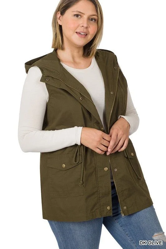 ZENANA | PLUS Drawstring Waist Military Hoodie Vest Hoodie Jacket Zipper Layering