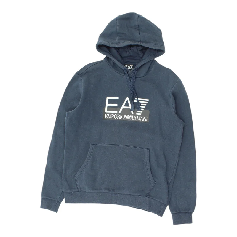 EA7 Emporio Armani Mens Blue Pullover Hoodie | Vintage Designer Hoody VTG Boyleg Sleeve Pullover EA7 Emporio Armani Mens Blue Pullover Hoodie | Vintage Designer Hoody VTG Boyleg Sleeve Pullover