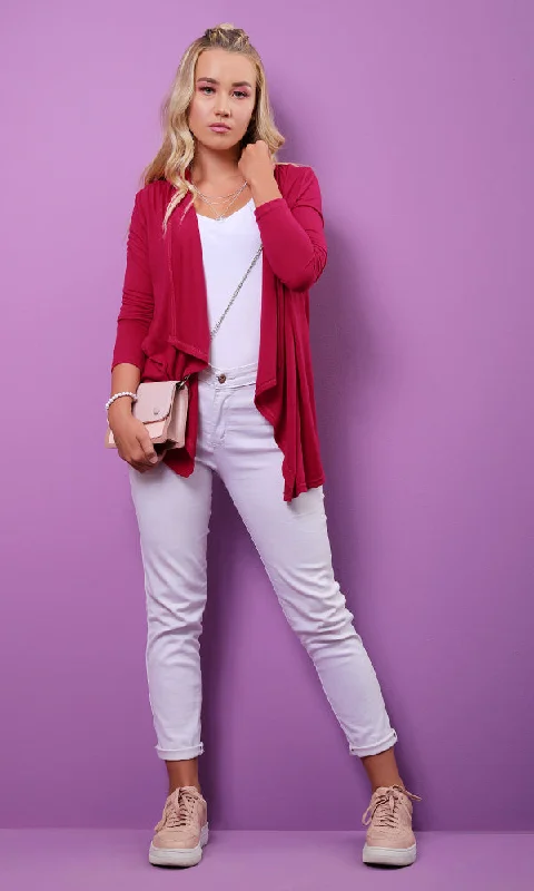 53520 Solid Fuchsia Open Neckline Cardigan Herringbone Houndstooth Plaid