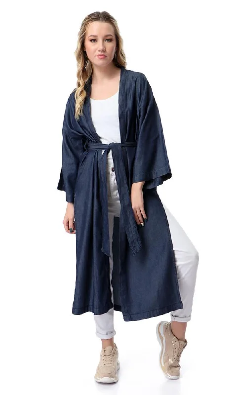 54232 Loose Albow Sleeves Cardigan With Slits - Dark Blue Jeans Bright Pastel Dark