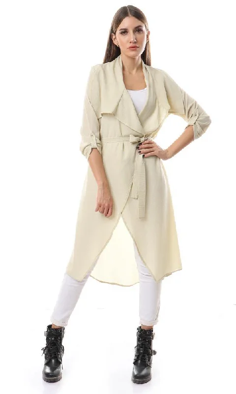 56516 Simple Solid Open Neckline Beige Cardigan Anti-Pilling Anti-Shrink Durable