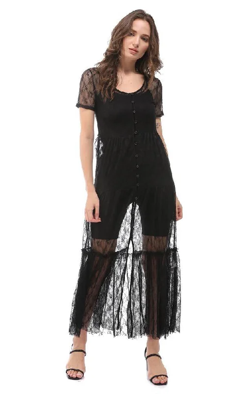 56758 Elegant Lace Full Buttoned Cardigan - Black Stretchy Elastic Breathable