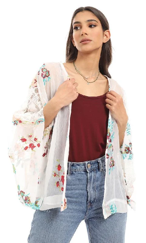 57620 Lace & Embroidered Elegant Cardigan - Multicolour Seamless Knitted Crochet