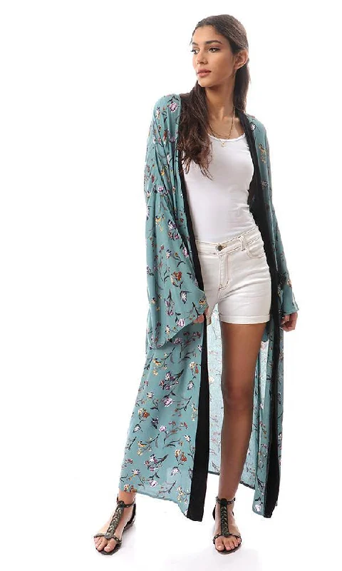 57714 Dark Mint Floral Cardigan With Black Neckline Iron Safe Non-Iron Wrinkle Free