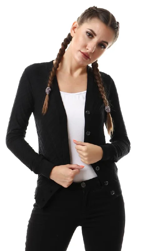 57729 Self Striped Buttoned Black Cardigan With Hem Modern Contemporary chic