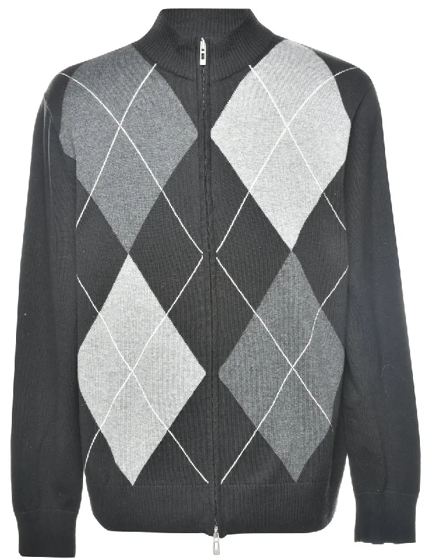 Argyle Black & Grey Cardigan - L Wool Fabric Cashmere Fabric Tweed Fabric
