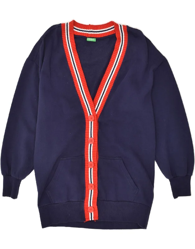 BENETTON Womens Oversized Cardigan Sweater XS Navy Blue Cotton Open Front Closed Front Wrap Front BENETTON Womens Oversized Cardigan Sweater XS Navy Blue Cotton Open Front Closed Front Wrap Front
