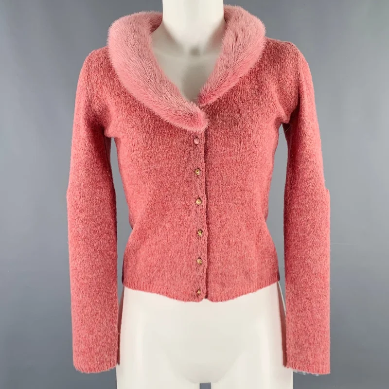BLUMARINE Size 4 Pink Heather Wool Blend Fur Collar Cardigan Stretchy Elastic Breathable BLUMARINE Size 4 Pink Heather Wool Blend Fur Collar Cardigan Stretchy Elastic Breathable