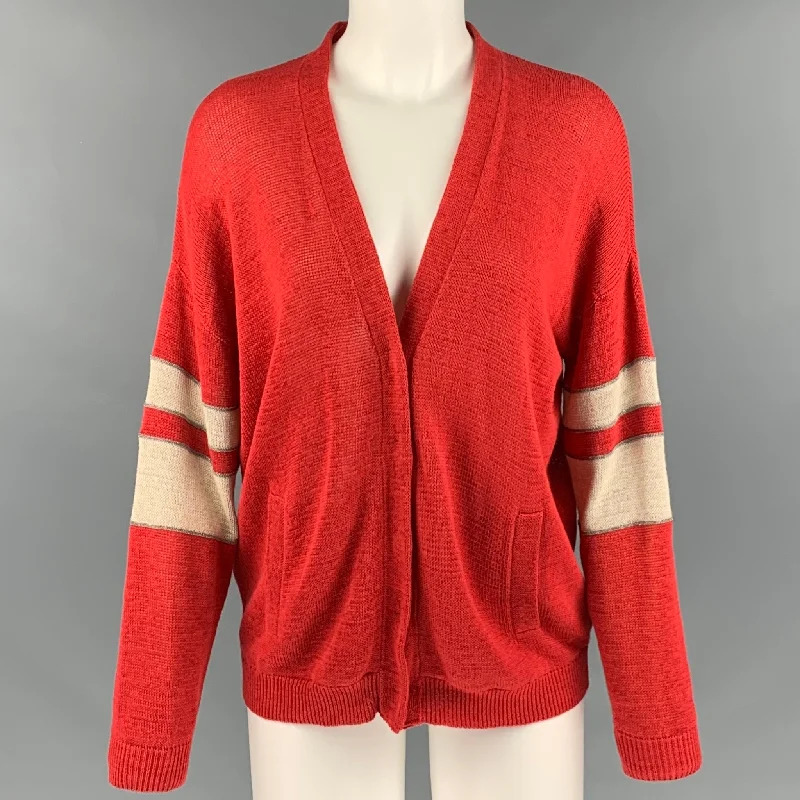BRUNELLO CUCINELLI Size S Red White Cotton Stripe V Neck Cardigan Transparent Opaque Sheer