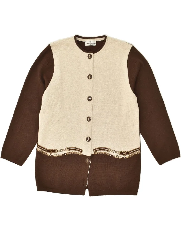 CARLA FERRONI Womens Cardigan Sweater IT 44 Medium Brown Colourblock Mesh Blend Leather Blend Suede Blend CARLA FERRONI Womens Cardigan Sweater IT 44 Medium Brown Colourblock Mesh Blend Leather Blend Suede Blend
