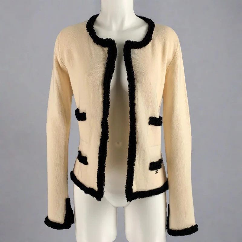 CHANEL Size M Cream Black Cashmere Contrast trim Open Front Cardigan Knit Fabric Woven Fabric Fleece Fabric CHANEL Size M Cream Black Cashmere Contrast trim Open Front Cardigan Knit Fabric Woven Fabric Fleece Fabric